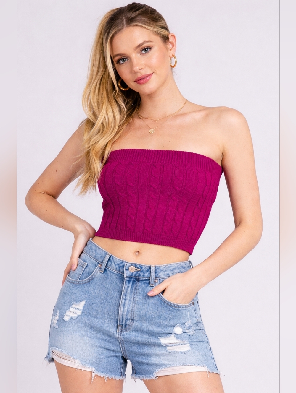 Cable Knit Ribbed Sweater Tube Top | Stretch Knit Strapless Crop Chic
